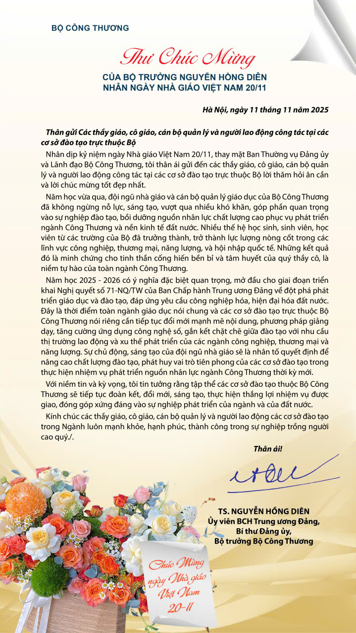 THƯ CHÚC MỪNG CỦA BỘ TRƯỞNG NGUYỄN HỒNG DIÊN NHÂN NGÀY NHÀ GIÁO VIỆT NAM 20/11